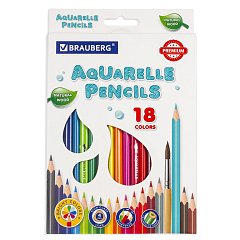 Карандаши цветные акварельные BRAUBERG PREMIUM AQUARELLE, 18 цветов, трехгранные, утолщенный грифель 4 мм, натуральное дерево, 181672 фото