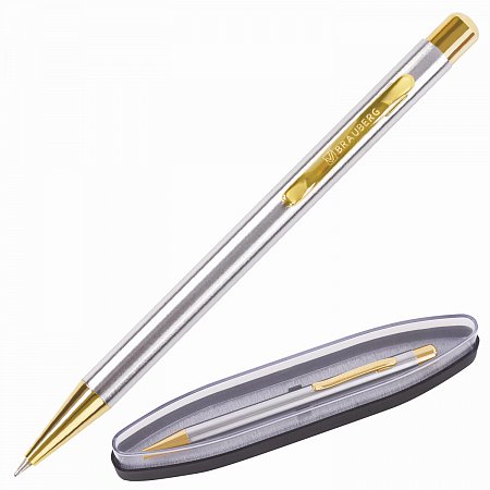 Ручка подарочная шариковая BRAUBERG Piano, СИНЯЯ, корпус серебристый с золотистым, линия письма 0,5 мм, 143472 фото