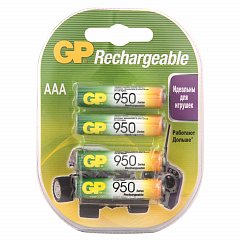 Батарейки аккумуляторные КОМПЛЕКТ 4 шт., GP, AAA (HR03), Ni-Mh, 950 mAh, блистер, 95AAAHC-2DECRC4 фото
