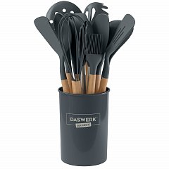 Набор силиконовых кухонных принадлежностей с деревянными ручками 12 в 1, серый, DASWERK, 608194 фото