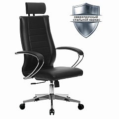 Кресло офисное МЕТТА "К-32" хром, рецик. кожа, подголовник, сиденье и спинка мягкие, черное фото