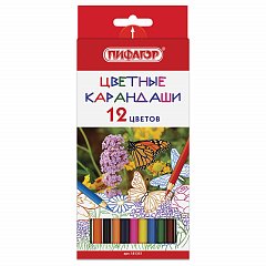Карандаши цветные ПИФАГОР "БАБОЧКИ", 12 цветов, классические заточенные, 181351 фото