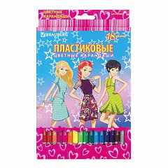 Карандаши цветные BRAUBERG "Pretty Girls", 18 цветов, пластиковые, заточенные, картонная упаковка, 180580 фото