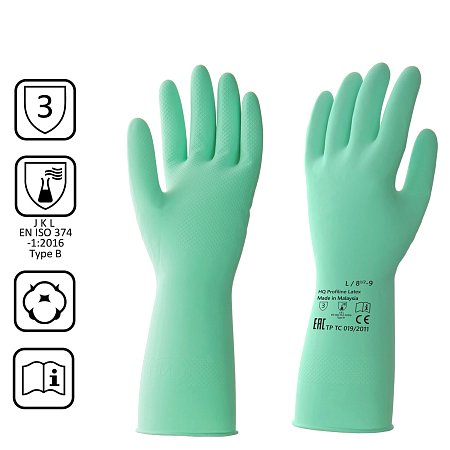 Перчатки латексные КЩС, прочные, хлопковое напыление, размер 8,5-9 L, большой, зеленые, HQ Profiline, 73586 фото