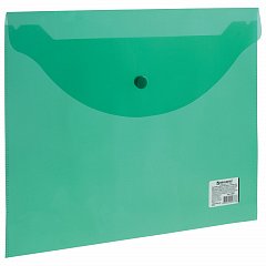 Папка-конверт с кнопкой BRAUBERG, А4, до 100 листов, прозрачная, зеленая, 0,15 мм, 221635 фото