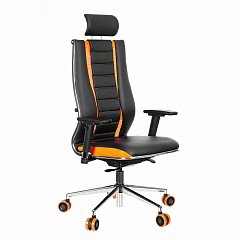 Кресло компьютерное МЕТТА "ErgoLife" 10 B2-160D, 2D-подголовник, экокожа/сетка, черное/оранжевое фото