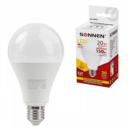 Лампа светодиодная SONNEN, 20 (150) Вт, цоколь Е27, груша, теплый белый, 30000 ч, LED A80-20W-2700-E27, 454921 фото
