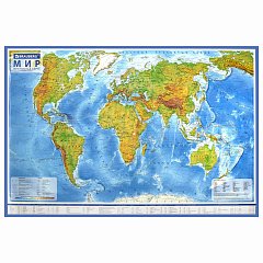 Карта мира физическая 101х66 см, 1:29М, с ламинацией, интерактивная, европодвес, BRAUBERG, 112377 фото