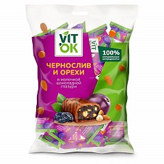 Конфеты VITOK "Чернослив и орехи в шоколадной глазури", 400 г, пакет, ш/к 23523, 2877 фото