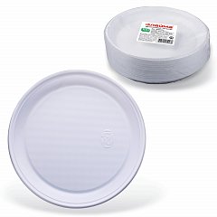 Одноразовые тарелки плоские, КОМПЛЕКТ 100 шт., пластик, d=220 мм, "БЮДЖЕТ", белые, ПС, холодное/горячее, LAIMA, 600943 фото