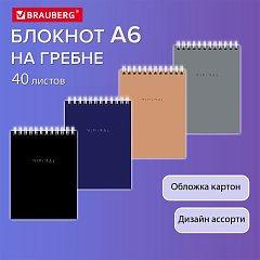 Блокнот МАЛЫЙ ФОРМАТ А6 108х145мм, 40л, гребень, картон, клетка, BRAUBERG Minimal Classiс, 116428 фото