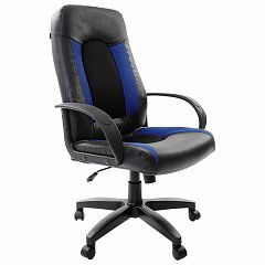 Кресло офисное BRABIX "Strike EX-525", экокожа черная, ткань черная/синяя, TW, 531380 фото