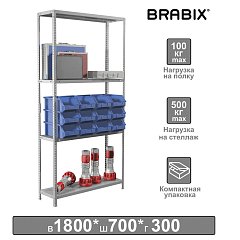 Стеллаж металлический BRABIX "MS KD-180/30/70-4", 1800х700х300 мм, 4 полки, сборная стойка, 291112, S240BR123402 фото