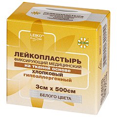 Лейкопластырь медицинский фиксирующий в рулоне LEIKO 3х500 см, на тканевой основе, белого цвета, в картонной коробке, 531228 фото