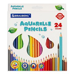 Карандаши цветные акварельные BRAUBERG PREMIUM AQUARELLE, 24 цвета, трехгранные, утолщенный грифель 4 мм, натуральное дерево, 181673 фото