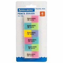 Набор ластиков BRAUBERG "Pastel Mix", 6 шт., цвета ассорти, 44х21х10 мм, экологичный ПВХ, 229597 фото
