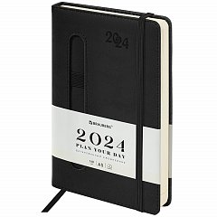 Ежедневник датированный 2024 А5 138x213мм BRAUBERG Optimal, под кожу, резинка-фиксатор, держатель для ручки, черный, 114973 фото