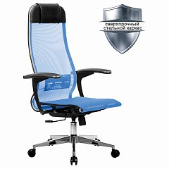 Кресло офисное МЕТТА "К-4-Т" хром, прочная сетка, сиденье и спинка регулируемые, голубое фото