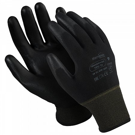 Перчатки нейлоновые MANIPULA "Микропол", полиуретановое покрытие (облив), размер 9 (L), черные, TPU-12 фото