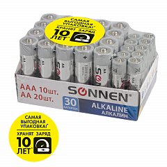 Батарейки КОМПЛЕКТ 30 (20+10) шт., SONNEN Alkaline, AA+ААА (LR6+LR03), в коробке, 455097 фото