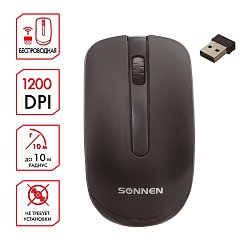 Мышь беспроводная SONNEN M-3032, USB, 1200 dpi, 2 кнопки + 1 колесо-кнопка, оптическая, черная, 512640 фото
