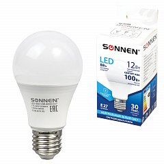 Лампа светодиодная SONNEN, 12 (100) Вт, цоколь Е27, грушевидная, нейтральный белый свет, 30000 ч, LED A60-12W-4000-E27, 453698 фото
