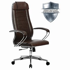 Кресло офисное МЕТТА "К-29" хром, рецик. кожа, сиденье и спинка мягкие, темно-коричневое фото