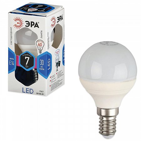 Лампа светодиодная ЭРА, 7 (60) Вт, цоколь E14, шар, холодный белый свет, 30000 ч., LED smdP45-7w-840-E14 фото