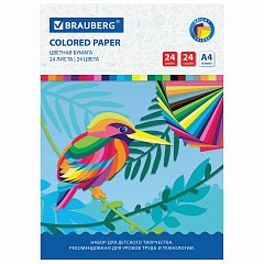 Цветная бумага А4 офсетная, 24 листа 24 цвета, на скобе, BRAUBERG, 200х280 мм, "Птица", 113538 фото