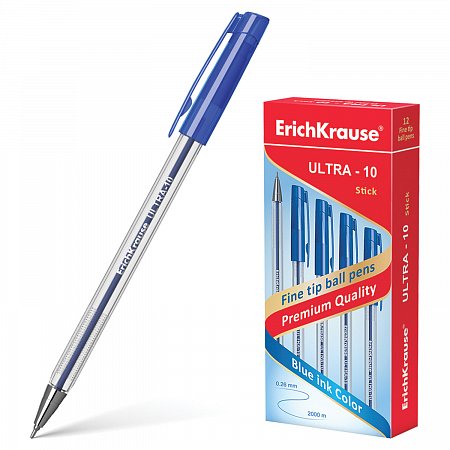 Ручка шариковая масляная ERICH KRAUSE "Ultra-10", СИНЯЯ, корпус прозрачный, узел 0,7 мм, линия письма 0,26 мм, 13873 фото