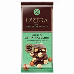 Шоколад O'ZERA "Milk & Extra Hazelnut" молочный, с цельным фундуком, 90 г, ш/к 08120, ПШ526 фото