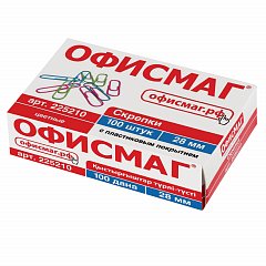 Скрепки ОФИСМАГ, 28 мм, цветные, 100 шт., в картонной коробке, Россия, 225210 фото