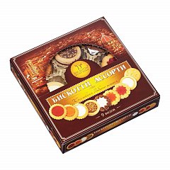 Печенье БИСКОТТИ (Россия), ассорти 9 видов, сдобное, 345 г, картонная коробка фото