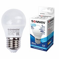 Лампа светодиодная SONNEN, 5 (40) Вт, цоколь E27, шар, холодный белый свет, 30000 ч, LED G45-5W-4000-E27, 453700 фото