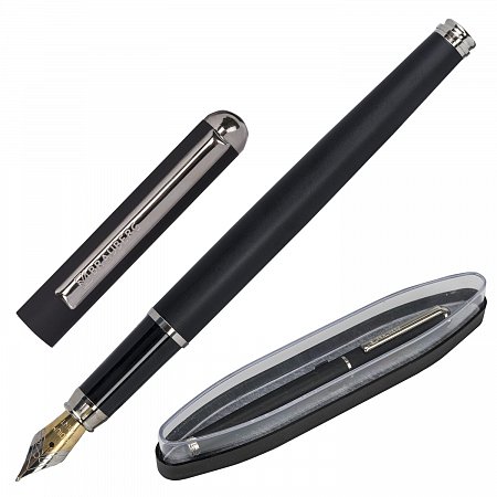 Ручка подарочная перьевая BRAUBERG "Larghetto", СИНЯЯ, корпус черный с хромированными деталями, 143477 фото