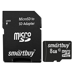 Карта памяти micro SDHC, 8 GB, SMARTBUY, 10 Мб/сек. (class 10), с адаптером, SB8GBSDCL10-01 фото