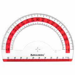 Транспортир 10 см BRAUBERG "FRESH ZONE", 180 градусов, пластик, прозрачный, красная шкала, 210760 фото