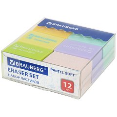 Ластики BRAUBERG "Pastel Soft" НАБОР 12 шт., размер ластика 31х20х10 мм, экологичный ПВХ, 229598 фото