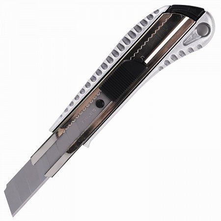 Нож канцелярский 18 мм BRAUBERG "Metallic", металлический корпус (рифленый), автофиксатор, блистер, 235401 фото