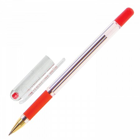 Ручка шариковая масляная с грипом MUNHWA "MC Gold", КРАСНАЯ, корпус прозрачный, узел 0,5 мм, линия письма 0,3 мм, BMC-03 фото