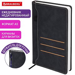 Ежедневник недатированный А5 138х213мм BRAUBERG Slot, под кожу, держатель для ручки, 160 листов, черный, 116605 фото