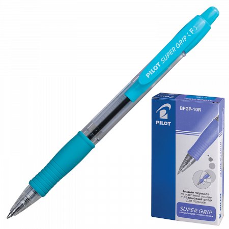 Ручка шариковая масляная автоматическая с грипом PILOT "Super Grip", СИНЯЯ, голубые детали, узел 0,7 мм, линия письма 0,32 мм, BPGP-10R-F фото