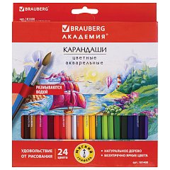 Карандаши цветные акварельные BRAUBERG "АКАДЕМИЯ", 24 цвета, шестигранные, грифель 3 мм, натуральное дерево, 181400 фото