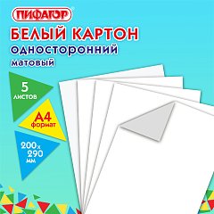 Картон белый А4 немелованный, 5 листов, ПИФАГОР, 200х290мм, Код 1С, 116627 фото