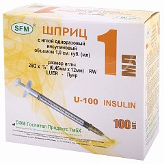 Шприц инсулиновый SFM, 1 мл, КОМПЛЕКТ 100 шт., в коробке, U-100 игла 0,45х12 мм - 26G, 534208 фото