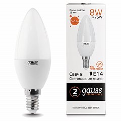 Лампа светодиодная GAUSS, 8(75)Вт, цоколь Е14, свеча, теплый белый, 25000 ч, LED B37-8W-3000-E14, 33118 фото