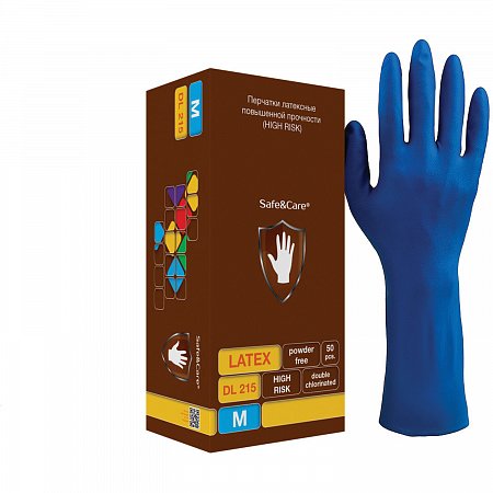 Перчатки латексные смотровые КОМПЛЕКТ 25 пар (50 шт.), M (средний), синие, SAFE&CARE High Risk, DL 215 фото