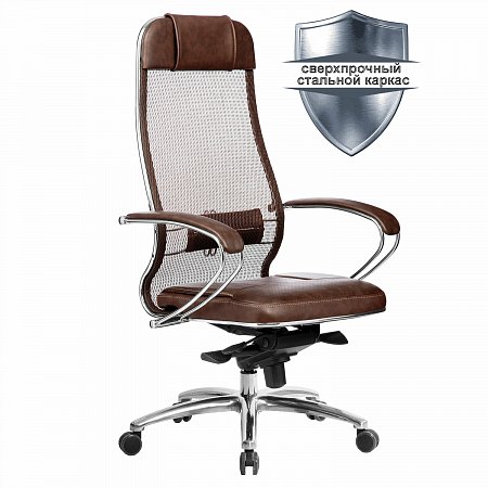 Кресло офисное МЕТТА "SAMURAI" SL-1.04, сверхпрочная ткань-сетка/рециклированная кожа, темно-коричневое фото