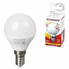 Лампа светодиодная SONNEN, 5 (40) Вт, цоколь E14, шар, теплый белый свет, 30000 ч, LED G45-5W-2700-E14, 453701 фото