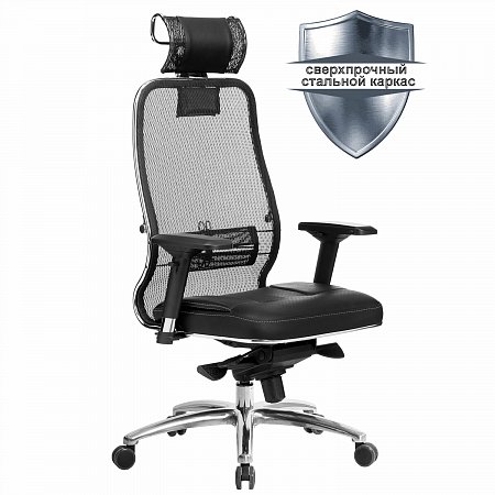 Кресло офисное МЕТТА "SAMURAI" SL-3.04, с подголовником, сверхпрочная ткань-сетка/рециклированная кожа, черное фото
